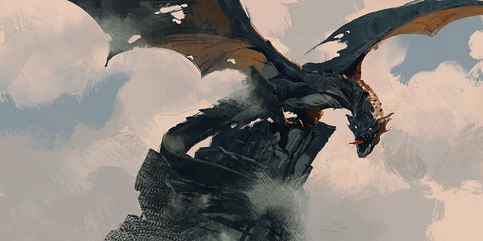 A dark dragon perched on a rocky outcrop