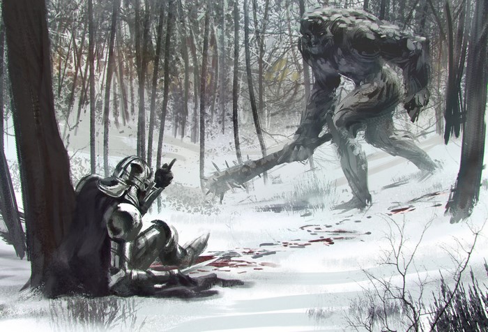Knight in armor gives middle finger to a monster in a snowy forest