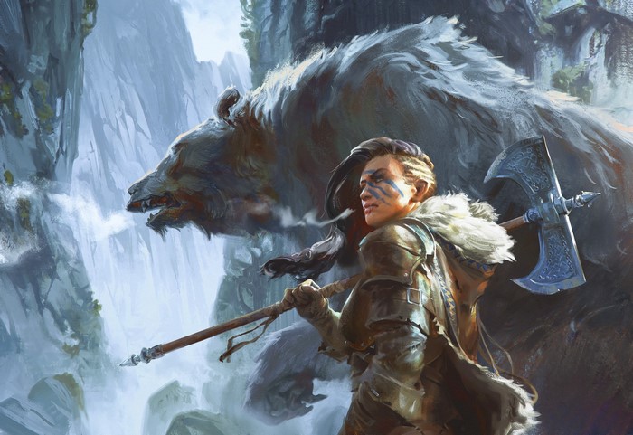 Woman with face paint and axe with bear in mountains