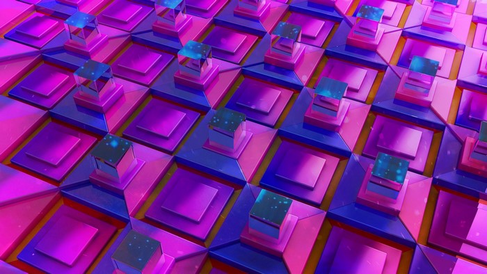 3D abstract geometric pattern with pink and blue squares