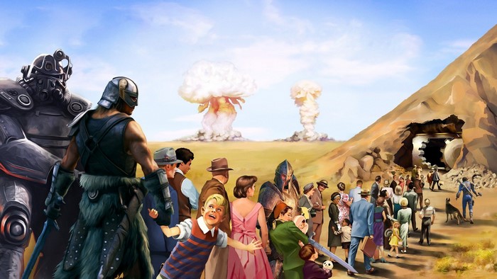 Characters from Fallout and Skyrim witness nuclear explosions