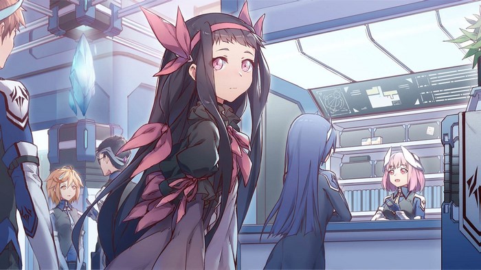 Anime characters in futuristic uniforms with crystal