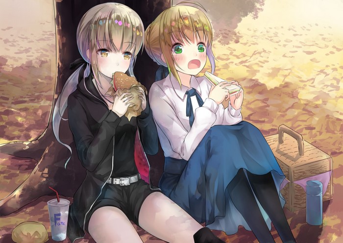 Two anime girls eating hamburgers and sandwiches during a picnic
