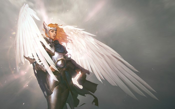 Fantasy angel warrior with large white wings
