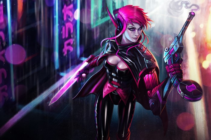 Cyberpunk woman with pink hair holding a sword and gun