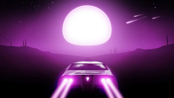 Synthwave car driving towards a large moon