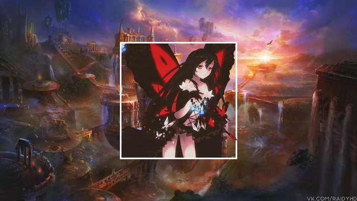 Anime girl with butterfly wings in fantasy landscape