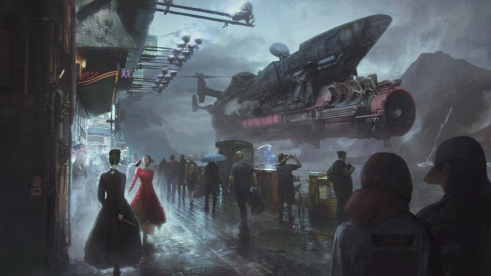 Cyberpunk city street with a spaceship overhead