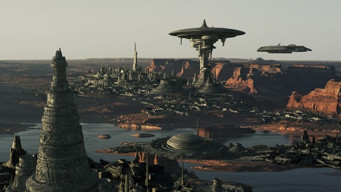 Futuristic city on a desert planet with spaceships