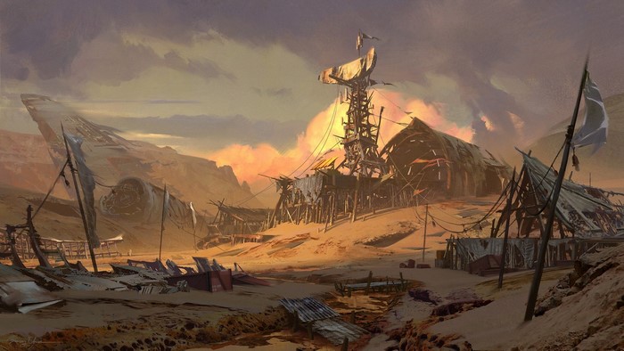 Apocalyptic desert settlement with satellite dish