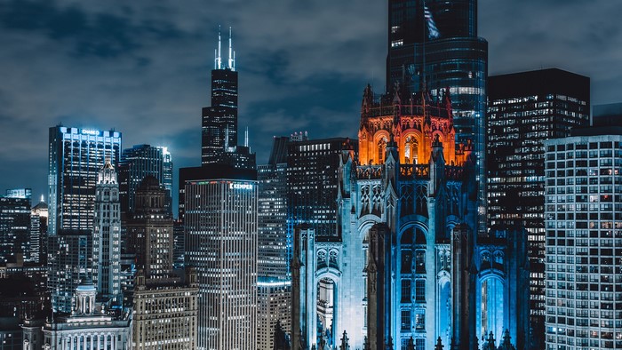 Chicago cityscape at night with illuminated skyscrapers