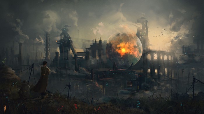 Futuristic industrial ruins with a glowing sphere