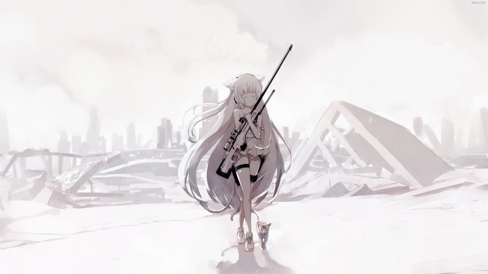 Anime girl with sniper rifle and cat in ruins
