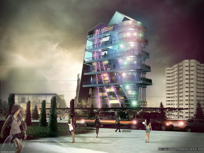Modern architectural render of a building with colorful lights