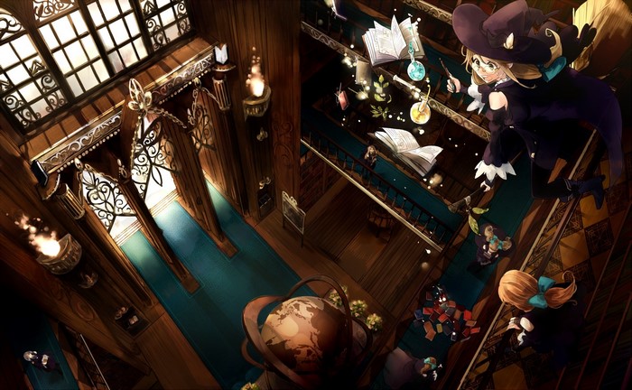 Anime witches in a magical library
