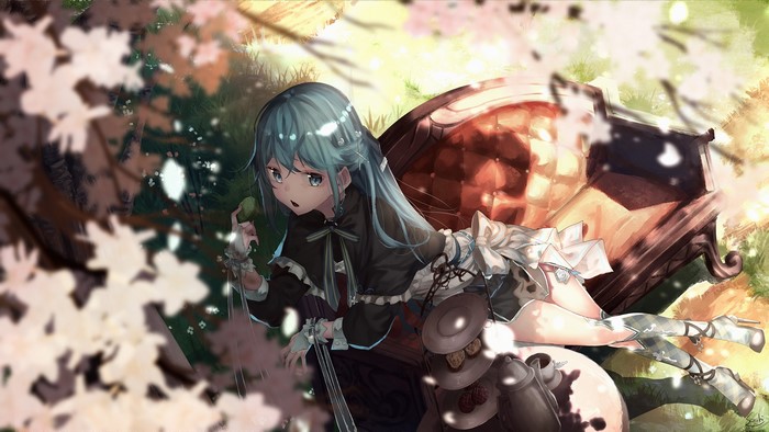 Anime girl with blue hair sitting on a couch
