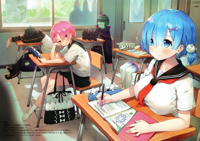 Rem and Ram from Re:Zero in a classroom