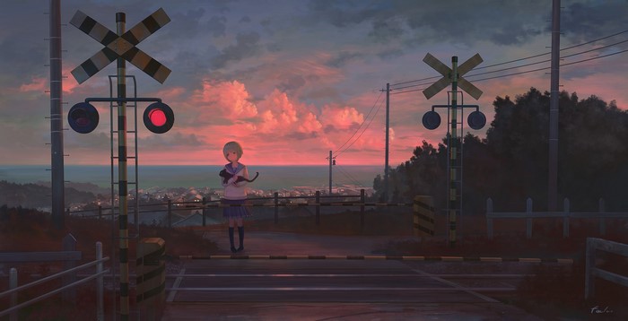 Anime girl with cat at railway crossing at sunset