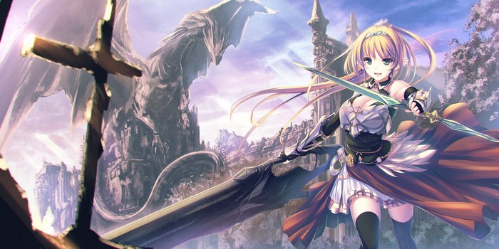 Anime warrior girl with sword and dragon