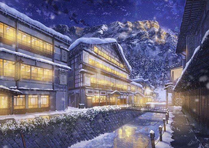 Anime village in winter at night with mountains