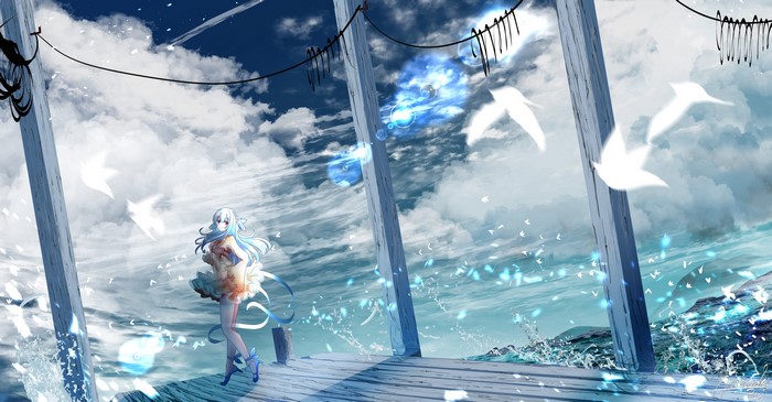 Anime girl with cyan hair on a pier with birds