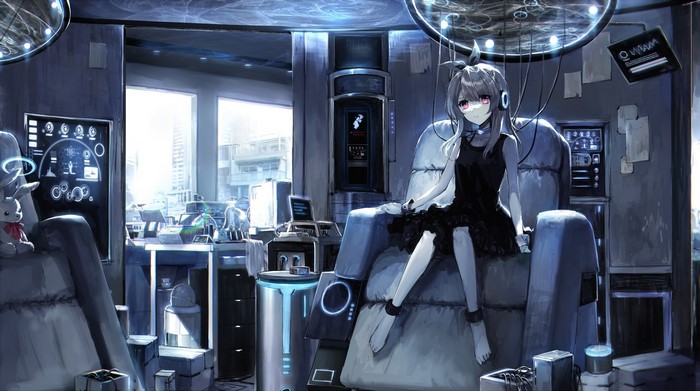 Anime girl with headphones in a futuristic laboratory