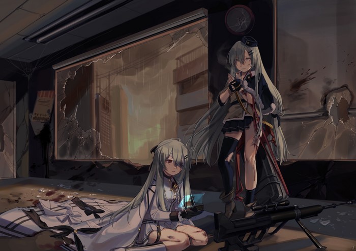 Girls from Girls Frontline in a ruined building
