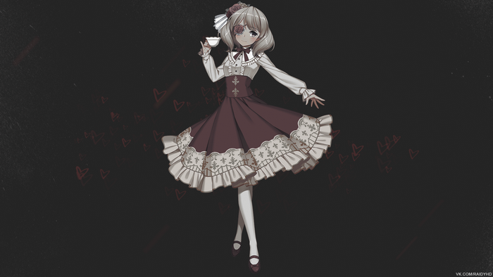 Anime girl in lolita dress holding a teacup