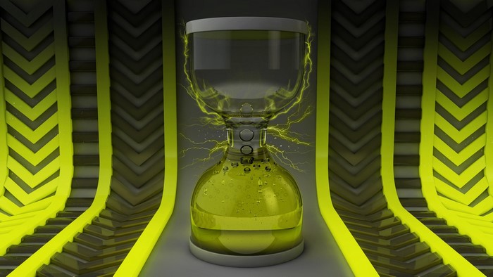 Hourglass with yellow liquid and lightning