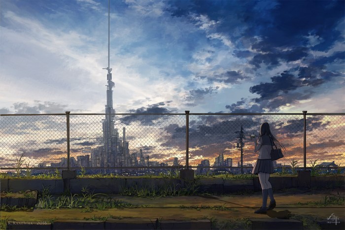Anime girl in school uniform looking at a futuristic city at sunset