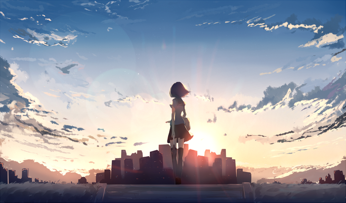 Anime girl in school uniform at sunset overlooking city