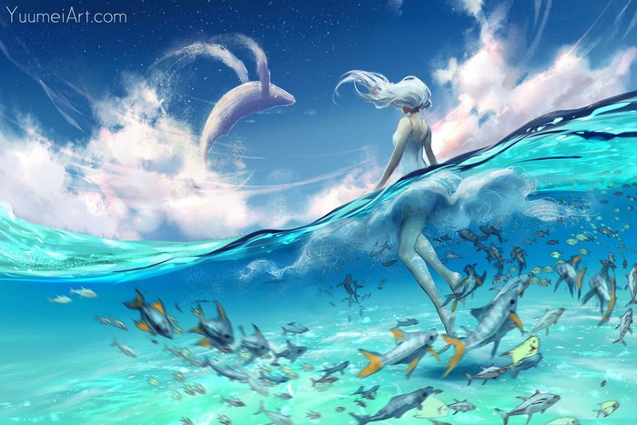 Anime girl with white hair and a whale jumping from the sea