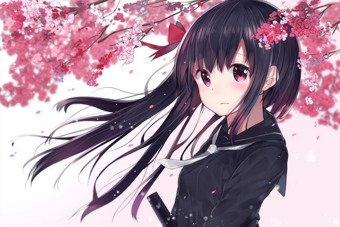 Anime girl with dark hair and red eyes in a school uniform