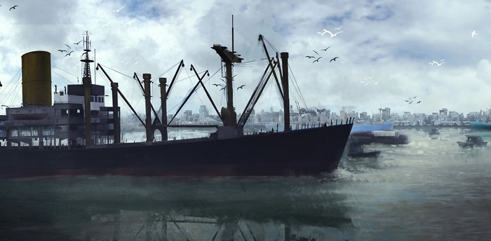 Cargo ship in a harbor with a city skyline