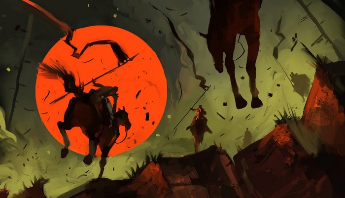 Fantasy art of riders and horses under a large red sun
