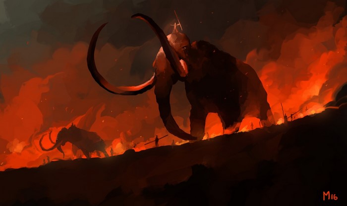 Dominik Mayer artwork of mammoths in a fiery landscape