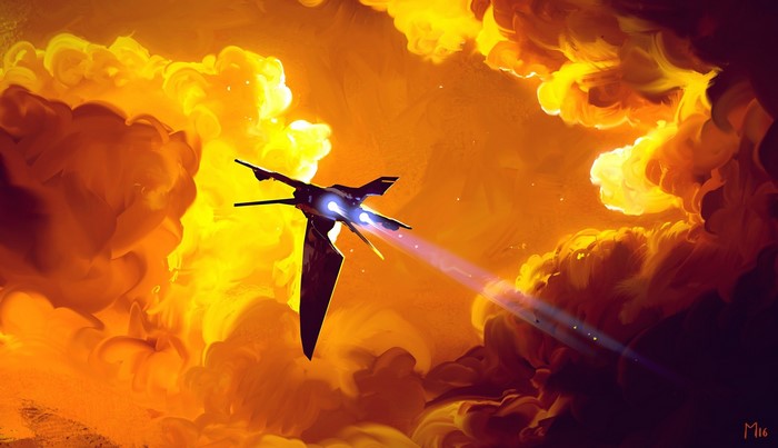 Futuristic spaceship flying through orange clouds