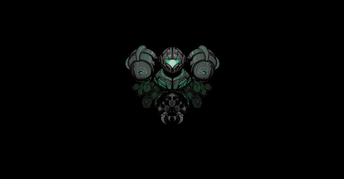 Samus Aran from Metroid in dark, minimalist art