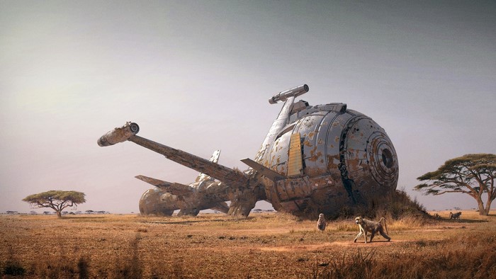 Crashed Spaceship in African Savanna with Baboons