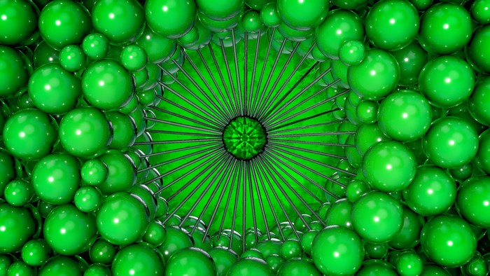 Abstract green spheres forming a tunnel