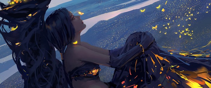 Anime girl with black hair and butterflies
