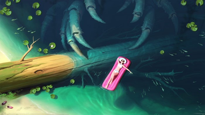 Artwork of a woman on a raft near a giant crab creature