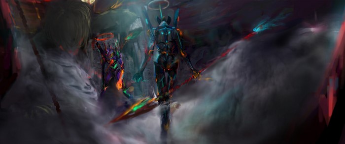 EVA Unit 01 and another mech in a smoky environment