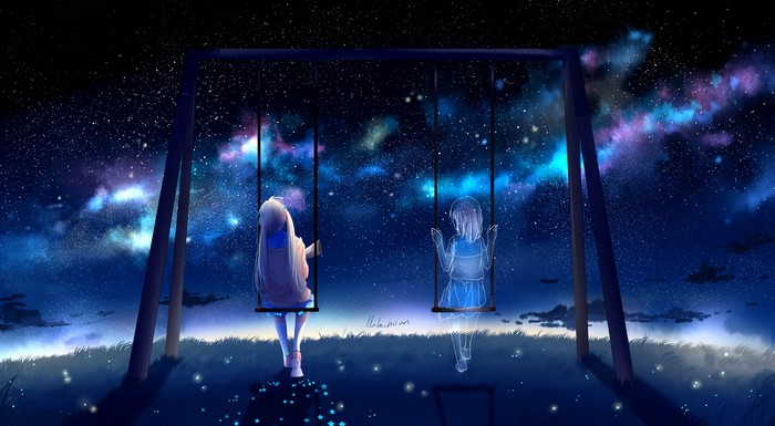 Anime girls on swings under starry sky
