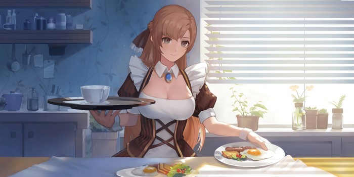 4K Anime Kitchen Scene with Brunette Girl