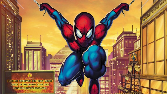 Spider-Man swinging through a cityscape with a billboard