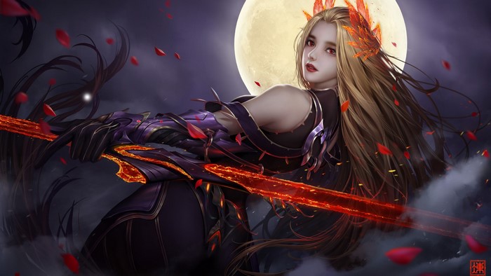 Woman with blonde hair holding a fiery sword