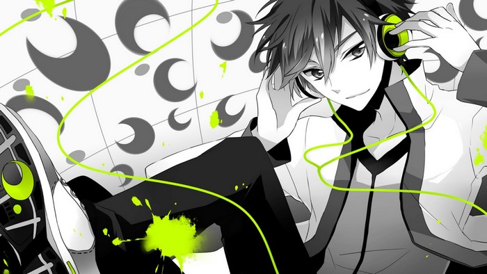 Anime boy with headphones listening to music