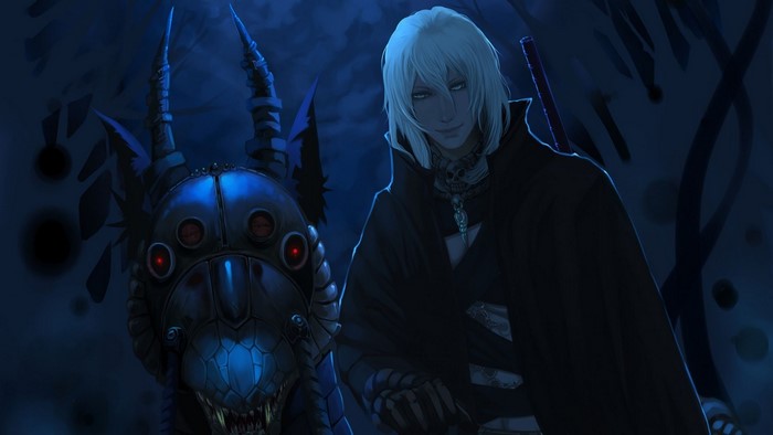 Anime boy with white hair and mechanical creature