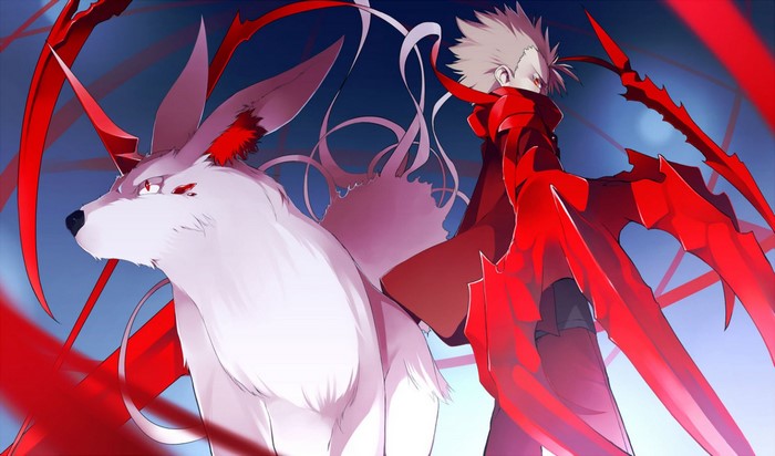 Anime boy with red armor and white wolf creature
